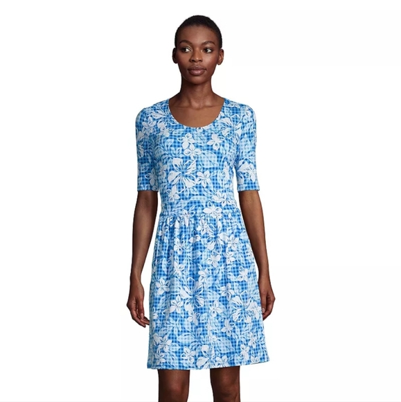 Land's End Fit & Flare Elbow Sleeve Gingham Floral Jersey Dress Blue Large - Picture 1 of 12